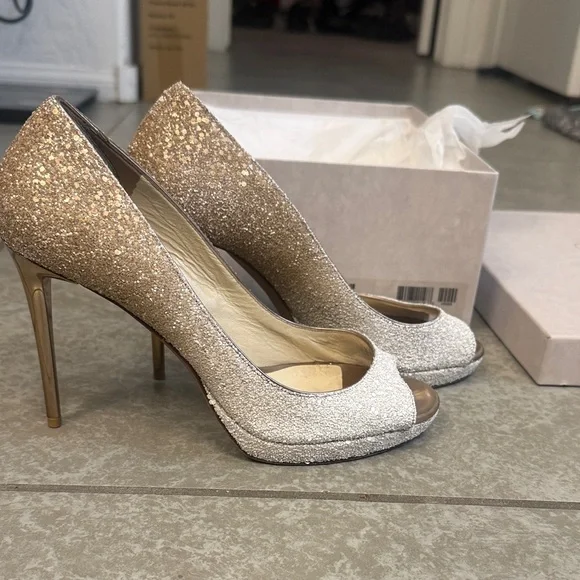 Jimmy Choo Gold/light honey and optic white Peep-Toe Heels ( Luna 100)